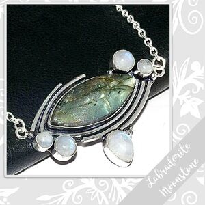 Labradorite, Moonstone Silver Artisan Necklace, 17” (Sage Green, White / Blue)